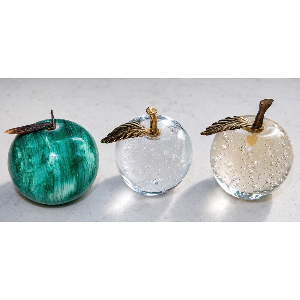 3 Vintage Antique Rustic Apple Set Green Jade & Glass Bubble Paperweights